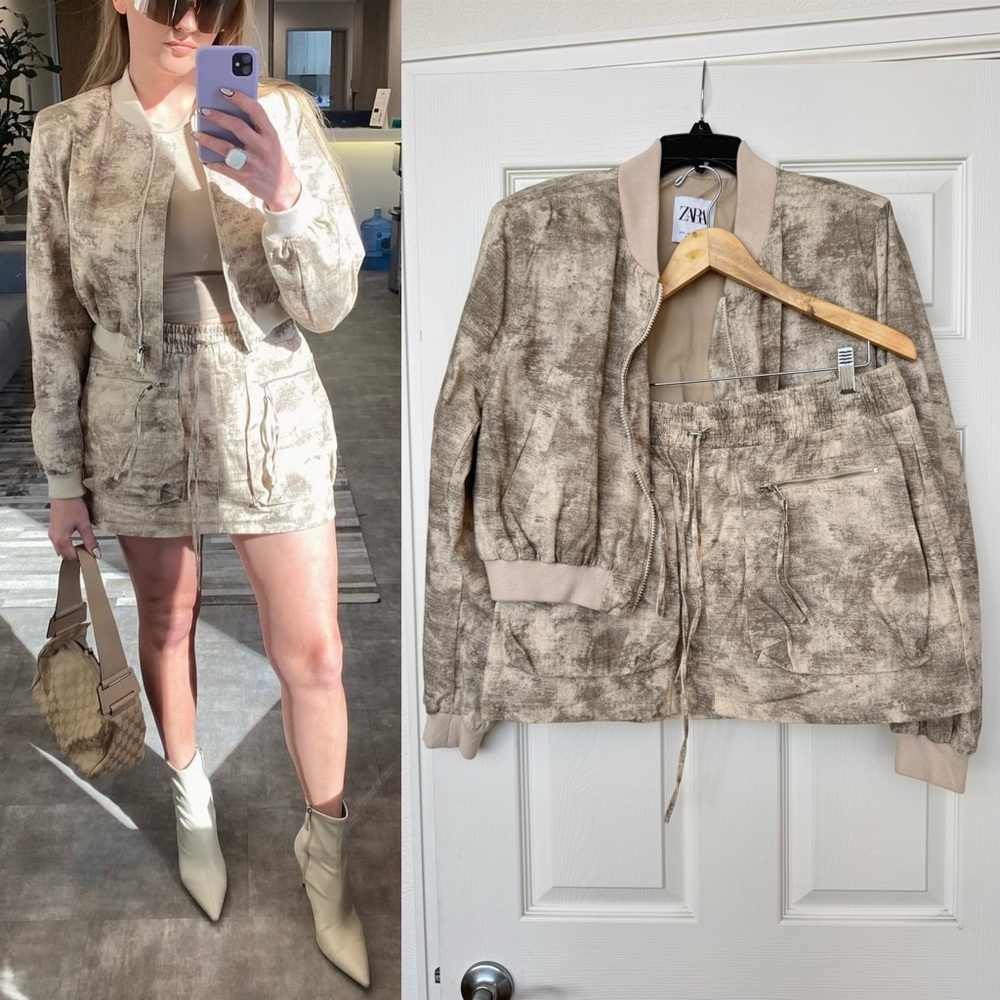 Zara Taupe Patterned Jacket and skirt Set